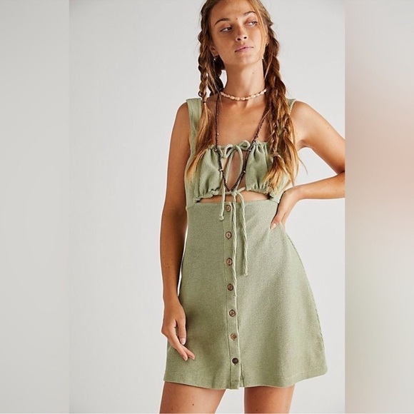 Free People Beach Olivia Corduroy Mini Dress Green Size Small Tie Front - Picture 1 of 10